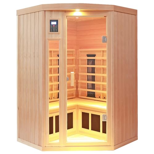 KUNSANA Ceramic Infrared Sauna 2-3 Person Infrared Saunas for Home Low EMF Indoor Home Sauna Spa Hemlock Wooden Corner Sauna Room with Bluetooth Speakers, LED Reading Lamps, Chromotherapy Lights