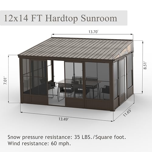 Domi 12x14FT Sunroom Gazebo,Solarium Aluminum Wall Mounted Gazebo with Galvanized Steel Sloping Roof,Lockable PC Screen House,with Front Door&Side Sliding Door,Lean to Gazebo for Patio Deck Lawn