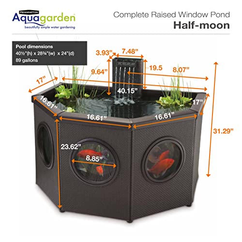 Pennington Aquagarden, Affinity Half-Moon No-Standing Pond, Water Feature Pool, Includes Inpond 5 in 1 300 Pond & Water Pump with UV Clarifier, 89 Gallon Decking Pond, Three Fountain Displays, Mocha