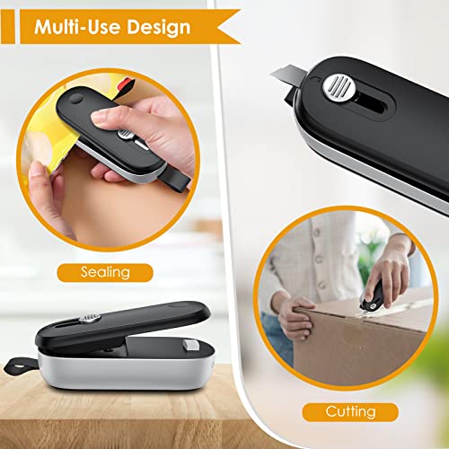 FEPPO Mini Bag Sealer, 2 in 1 Bag Sealer Heat Seal with Cutter, Portable Vacuum Sealer Handheld Bag Resealer Machine with Lanyard for Plastic Bags Food Snack Storage (Batteries Included)