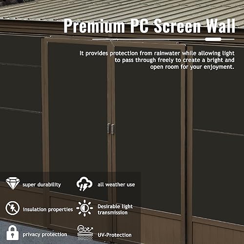 Domi 12x14FT Sunroom Gazebo,Solarium Aluminum Wall Mounted Gazebo with Galvanized Steel Sloping Roof,Lockable PC Screen House,with Front Door&Side Sliding Door,Lean to Gazebo for Patio Deck Lawn