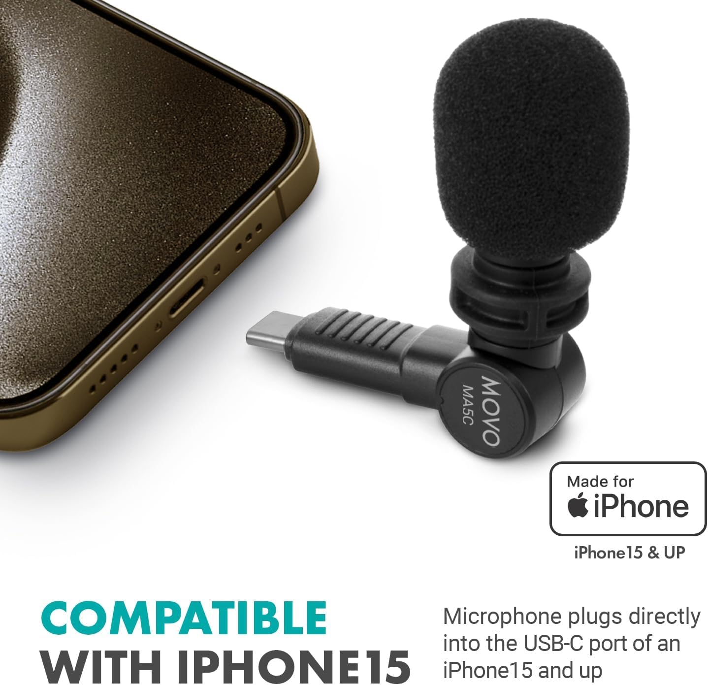 Movo External USB-C Microphone for iPhone 15/16 - Mic for iPhone 15/16, USB-C Devices - Portable Condenser Shotgun Mic for Video Recording, Voiceover, Interview, Travel, Vlogging, YouTube