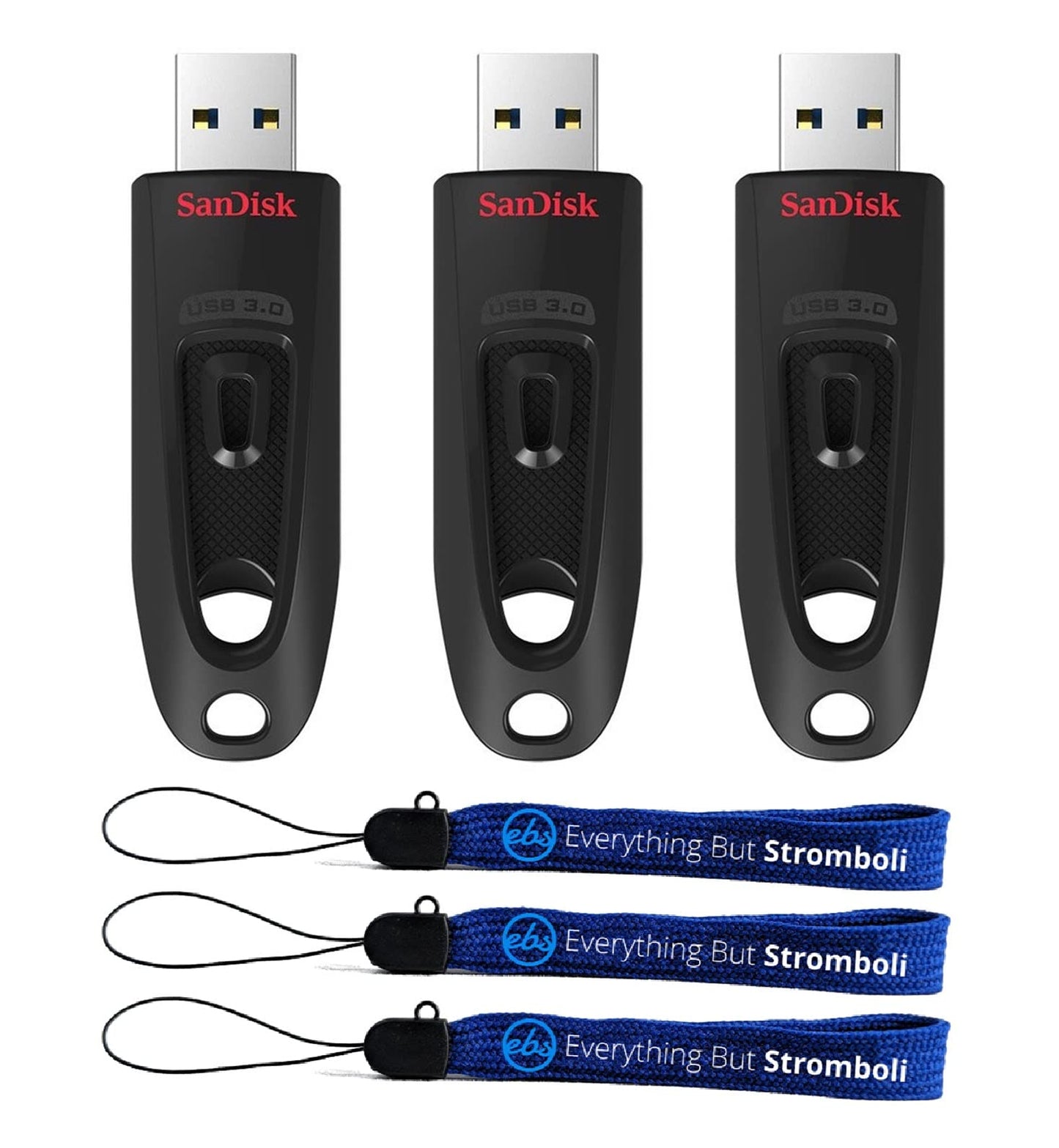 SanDisk 3.0 Flash Drive (3 Pack) 32GB Ultra USB Pen Drive for Computers & Laptops - SDCZ48-032G-U46 Bundle with (3) Everything But Stromboli Lanyards