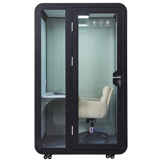 Solo Office Sound Booth Pod Audio Privacy, Mobile Roller with Desk, LED Light, Fans and AC USB Ports (Black Obsidian)