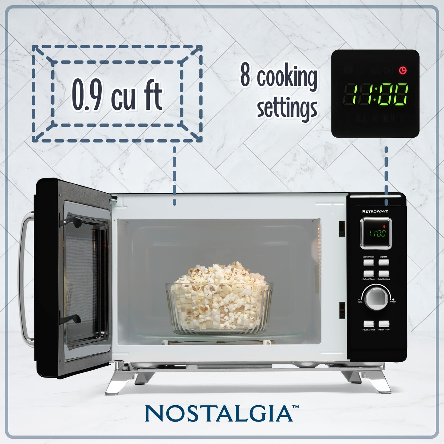 Nostalgia Mid-Century Retro Countertop Microwave Oven - Large 900-Watt - 0.9 cu ft - 8 Pre-Programmed Cooking Settings - Digital Clock - Kitchen Appliances - Black