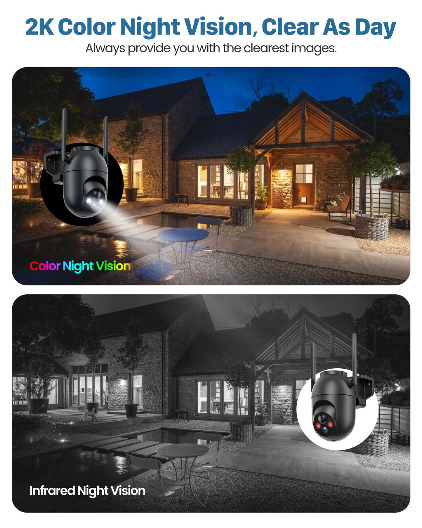 Security Cameras Wireless Outdoor: Solar Cameras for Home Security Battery WiFi Cameras Outside Surveillance Camera PTZ 360° CCTV Camera System with Floodlight Color Night Vision Motion Sensor Alarm