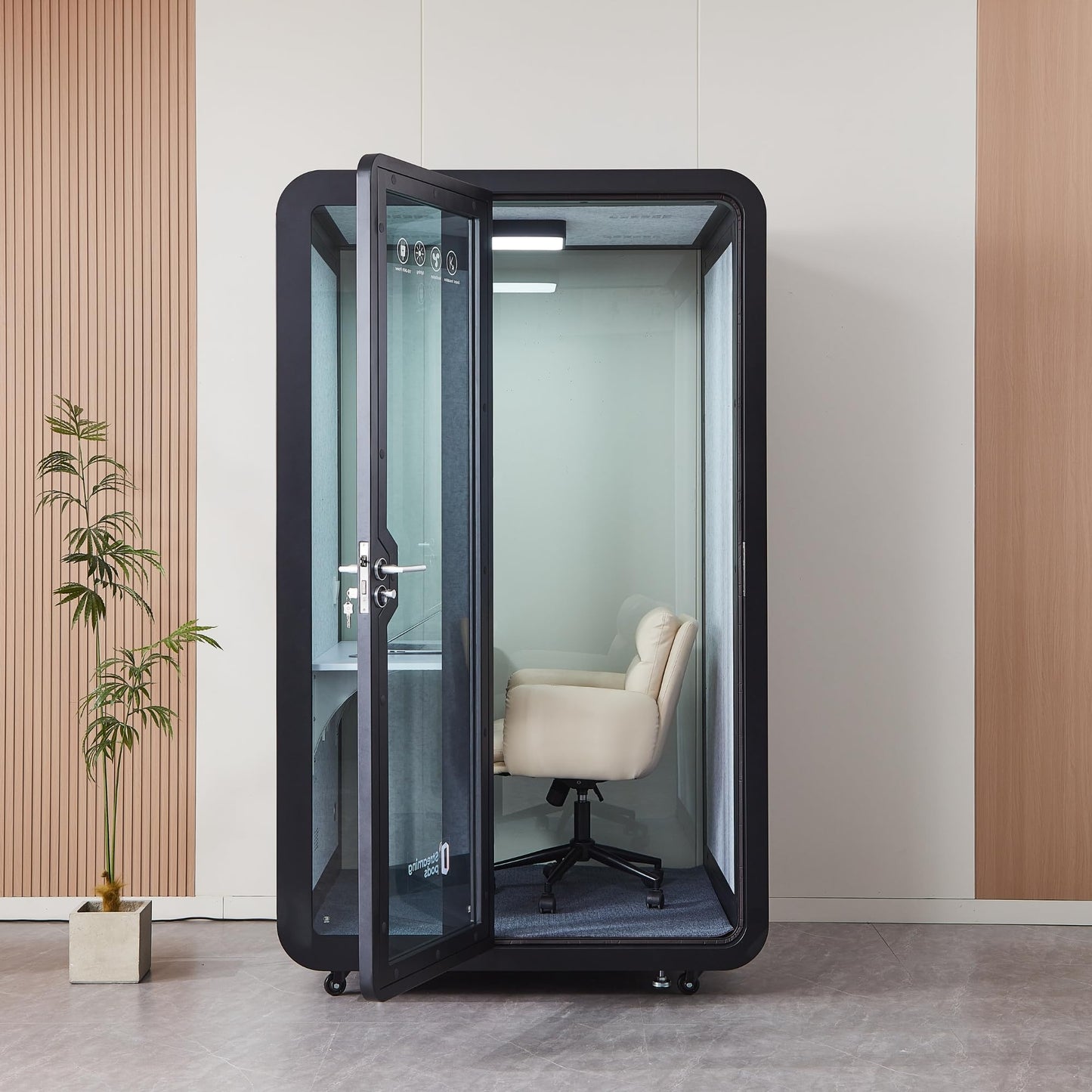 Solo Office Sound Booth Pod Audio Privacy, Mobile Roller with Desk, LED Light, Fans and AC USB Ports (Black Obsidian)